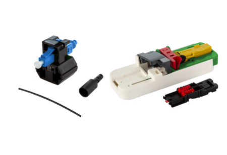 Kit conector FO híbrido OPDat FAST™ LC/UPC OS2 20 piezas para fibras protegidas Ø 0.25 + 0.9 mm incl. juego de cuchillas y guía de fibra