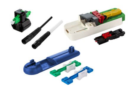 Kit conector FO híbrido OPDAT FAST LC/APC OS2 20 piezas para cables Ø 2.0 + 3.0 mm incl. juego de cuchillas guía de fibra y conjunto de cables