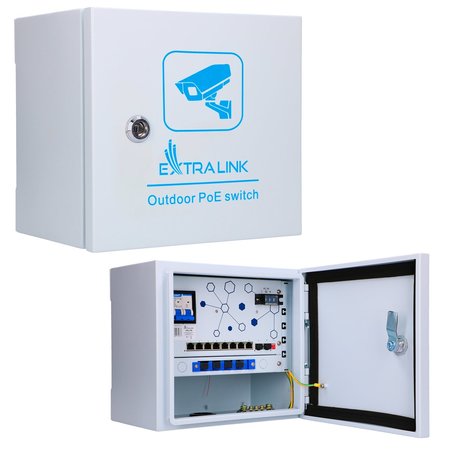 Extralink Atlas | Conmutador PoE para exteriores | 8 puertos PoE RJ45 de 1000 Mbps, 2 SFP, 120 W, refrigeración activa