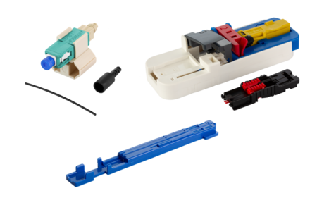 Kit de conectores OPDat FAST™ FO SC/PC OM3/OM4 20 piezas para fibras protegidas Ø 0.25 + 0.9 mm incl. juego de cuchillas y guía de fibra