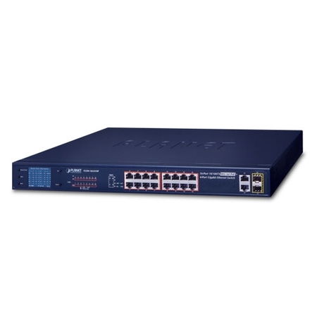 16-Ports 10/100TX 802.3at PoE + 2-Ports Gigabit TP + 2-Ports SFP Ethernet Switch with LCD PoE Monitor