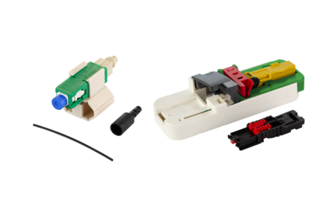 Kit de conectores FO híbridos OPDat FAST™ SC/APC OS2 20 piezas para fibras protegidas Ø 0.25 + 0.9 mm incl. juego de cuchillas y guía de fibra