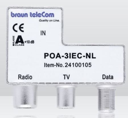 Adaptador Broadband push-on 3 vias 2.0 GHz 4.8dB (Data/Tv)  2.0dB Radio com IEC-Female POA-3-IEC-NL