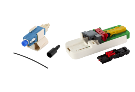 Kit de conectores FO híbridos OPDat FAST™ SC/UPC OS2 20 piezas para fibras protegidas Ø 0.25 + 0.9 mm incl. juego de cuchillas y guía de fibra