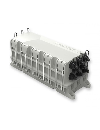 Carcasa multipropósito OptiSheath®: 1 x (1 x 8) divisor/minimódulo, 6 bandejas y 16 conectores OptiTap™ de fibra única