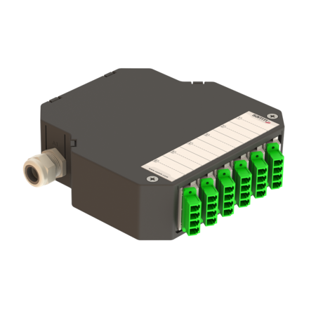 Boîtier de raccordement DIN Ray | 6 connecteurs LC à quatre angles | DP1 | Monomode G.657.A2 LC/APC vert
