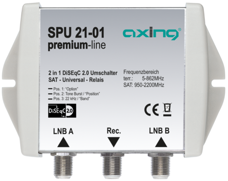 DiSEqC-2.0-Umschalter 47-2200 MHz 2 in 1 Innen 2dB Dämpfung F-Stecker SPU02101