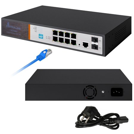 Extralink VICTOR | Commutateur PoE | 8 ports Gigabit PoE/PoE+, 2 ports SFP, 1 port de console, 150 W, géré